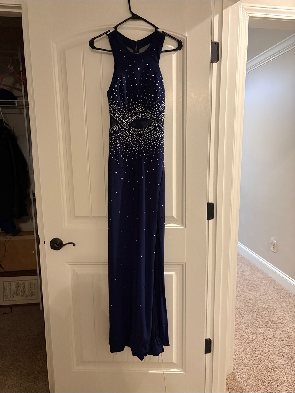 Navy Crystal-Embellished Halter Prom Gown
